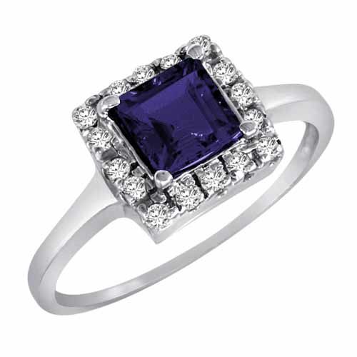 18K White Gold Round Square Created Blue Sapphire and Diamond Ring