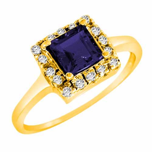 14K Yellow Gold Round Square Created Blue Sapphire and Diamond Ring