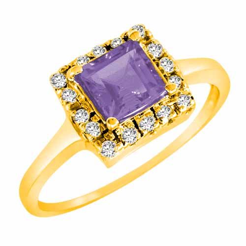 14K Yellow Gold Round Square Created Tanzanite and Diamond Ring
