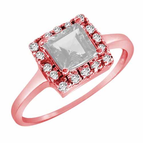 14K Rose Gold Round Square White Quartz and Diamond Ring