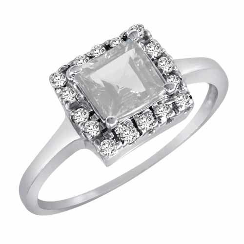Platinum Round Square White Quartz and Diamond Ring