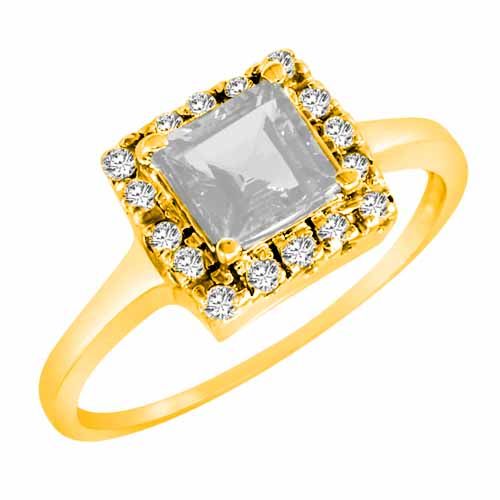 14K Yellow Gold Round Square White Quartz and Diamond Ring