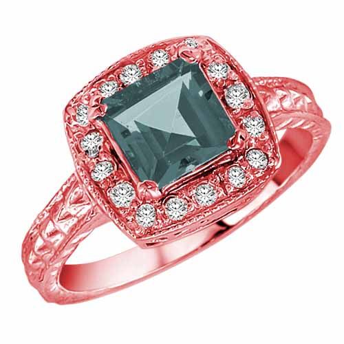 18K Rose Gold Square Aquamarine and Diamond Ring with Decorated Shank