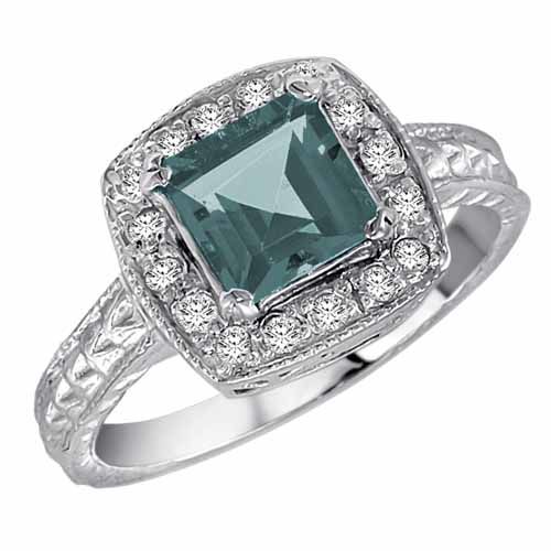 10K White Gold Square Aquamarine and Diamond Ring with Decorated Shank