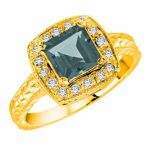 18K Yellow Gold Square Aquamarine and Diamond Ring with Decorated Shank