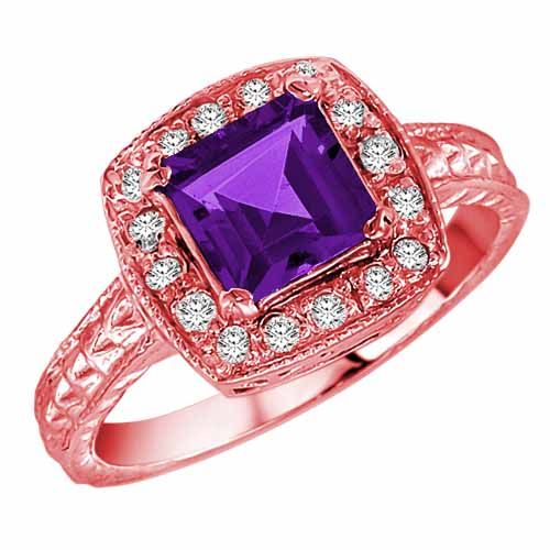 10K Rose Gold Square Amethyst and Diamond Ring with Decorated Shank