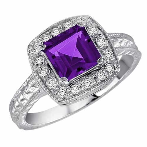 Sterling Silver Square Amethyst and Diamond Ring with Decorated Shank