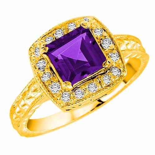 18K Yellow Gold Square Amethyst and Diamond Ring with Decorated Shank
