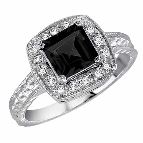 10K White Gold Square Created Black Diamond and Diamond Ring with Decorated Shank