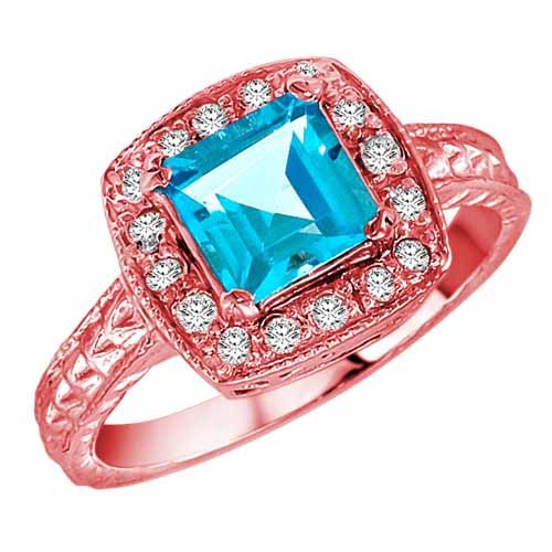 18K Rose Gold Square Blue Topaz and Diamond Ring with Decorated Shank