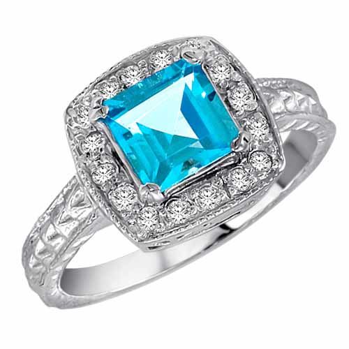 Sterling Silver Square Blue Topaz and Diamond Ring with Decorated Shank