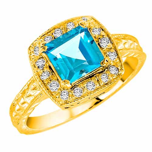18K Yellow Gold Square Blue Topaz and Diamond Ring with Decorated Shank