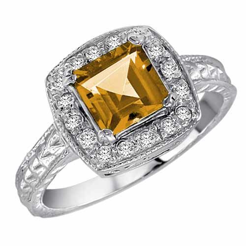 18K White Gold Square Citrine and Diamond Ring with Decorated Shank