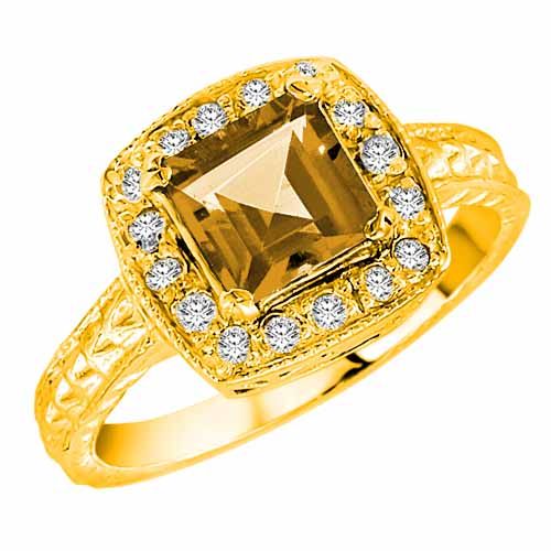 10K Yellow Gold Square Citrine and Diamond Ring with Decorated Shank