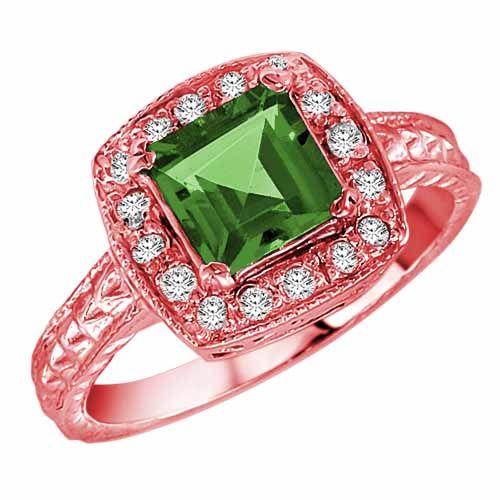 10K Rose Gold Square Created Emerald and Diamond Ring with Decorated Shank