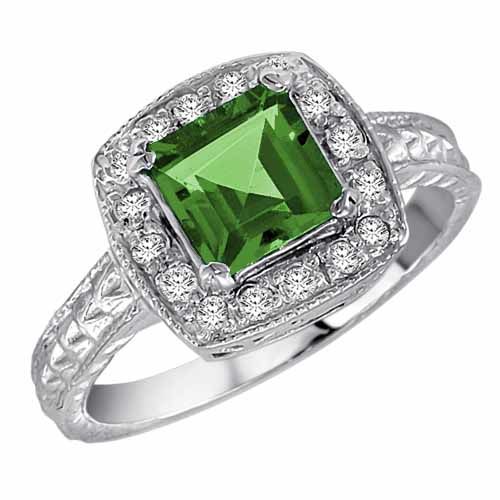 14K White Gold Square Created Emerald and Diamond Ring with Decorated Shank