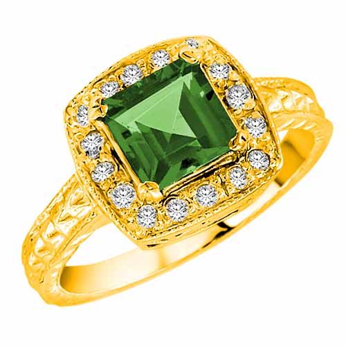 18K Yellow Gold Square Created Emerald and Diamond Ring with Decorated Shank