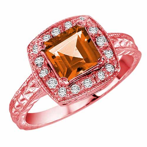 14K Rose Gold Square Fire Opal and Diamond Ring with Decorated Shank