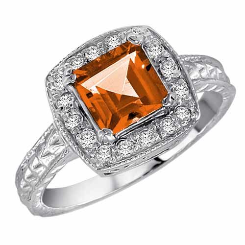 14K White Gold Square Fire Opal and Diamond Ring with Decorated Shank