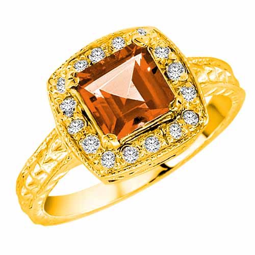10K Yellow Gold Square Fire Opal and Diamond Ring with Decorated Shank