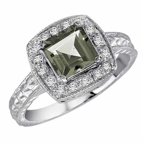 14K White Gold Square Green Amethyst and Diamond Ring with Decorated Shank