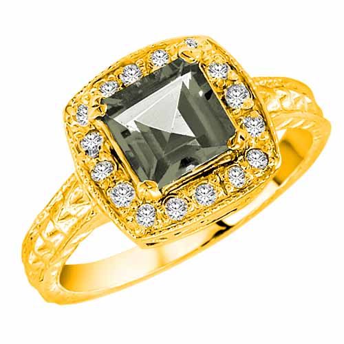 10K Yellow Gold Square Green Amethyst and Diamond Ring with Decorated Shank