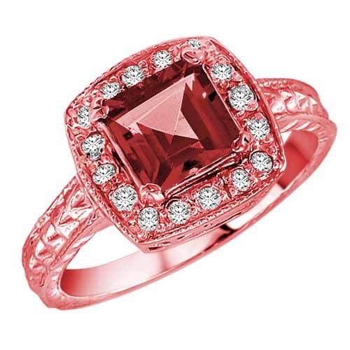 10K Rose Gold Square Garnet and Diamond Ring with Decorated Shank