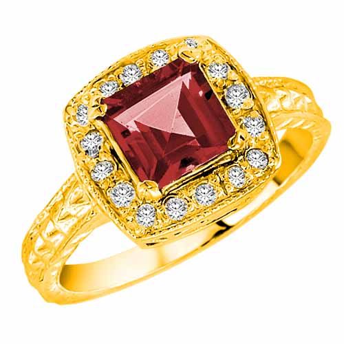 18K Yellow Gold Square Garnet and Diamond Ring with Decorated Shank
