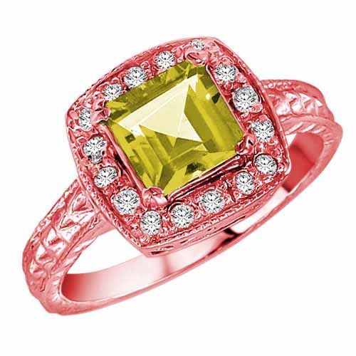 10K Rose Gold Square Lemon Quartz and Diamond Ring with Decorated Shank