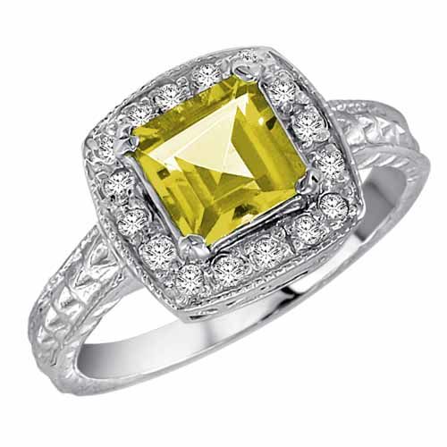 Platinum Square Lemon Quartz and Diamond Ring with Decorated Shank