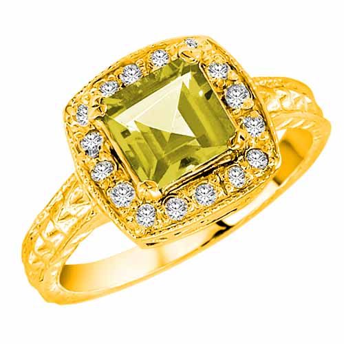 18K Yellow Gold Square Lemon Quartz and Diamond Ring with Decorated Shank