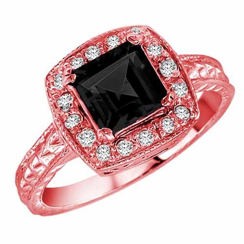 14K Rose Gold Square Onyx and Diamond Ring with Decorated Shank