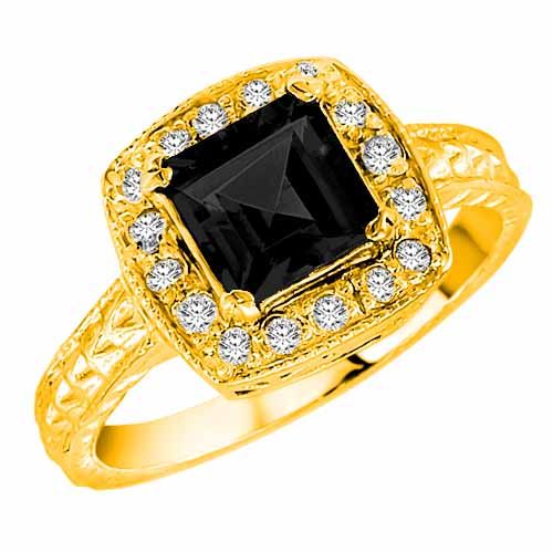 14K Yellow Gold Square Onyx and Diamond Ring with Decorated Shank