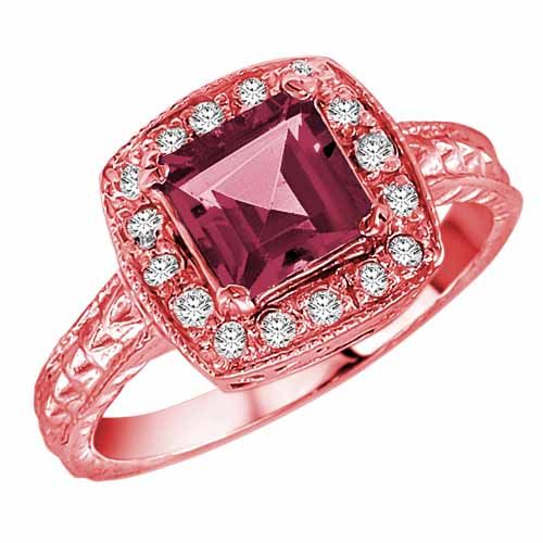 10K Rose Gold Square Created Pink Tourmaline and Diamond Ring with Decorated Shank