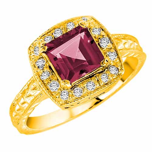 10K Yellow Gold Square Created Pink Tourmaline and Diamond Ring with Decorated Shank
