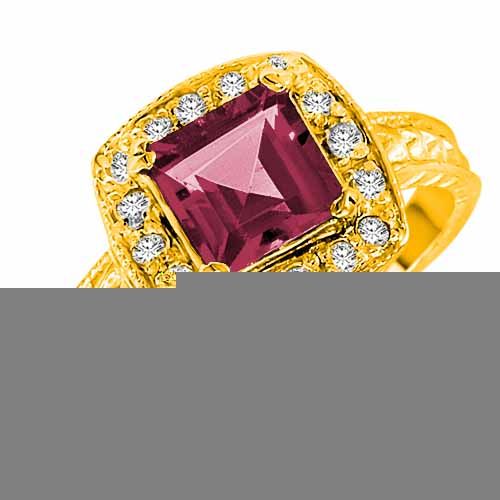 18K Yellow Gold Square Created Pink Tourmaline and Diamond Ring with Decorated Shank