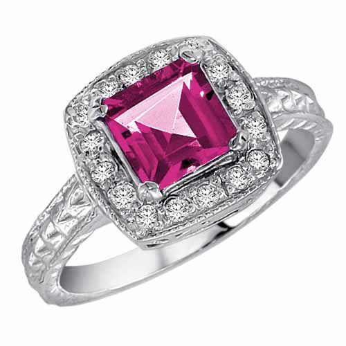 Sterling Silver Square Created Pink Sapphire and Diamond Ring with Decorated Shank