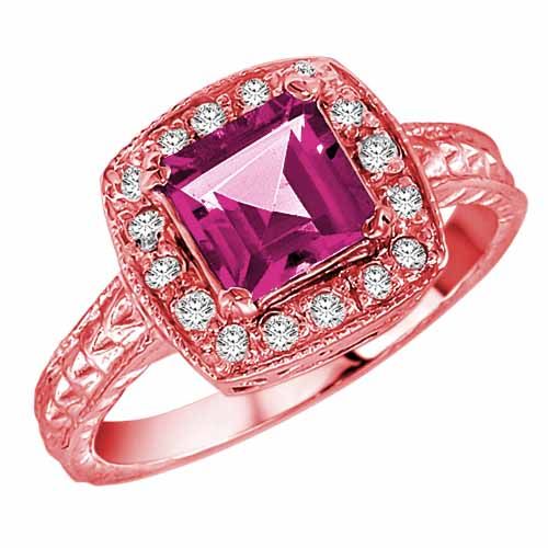 14K Rose Gold Square Pink Topaz and Diamond Ring with Decorated Shank
