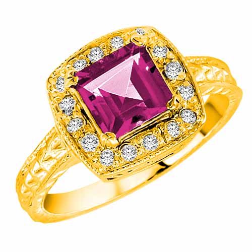 10K Yellow Gold Square Pink Topaz and Diamond Ring with Decorated Shank