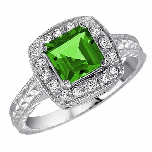 10K White Gold Square Peridot and Diamond Ring with Decorated Shank