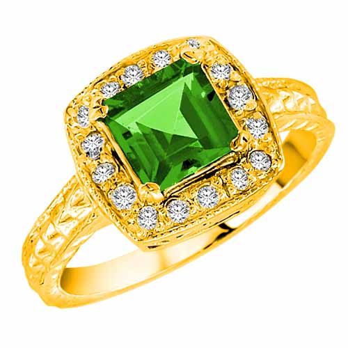 10K Yellow Gold Square Peridot and Diamond Ring with Decorated Shank