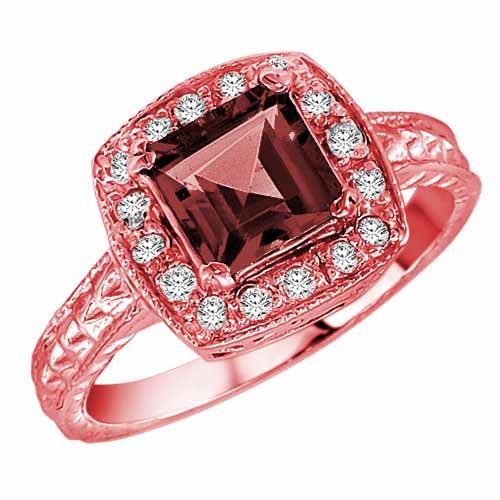 18K Rose Gold Square Created Ruby and Diamond Ring with Decorated Shank