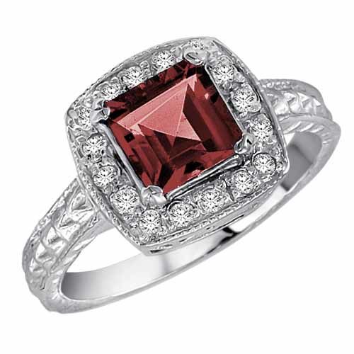 Platinum Square Created Ruby and Diamond Ring with Decorated Shank