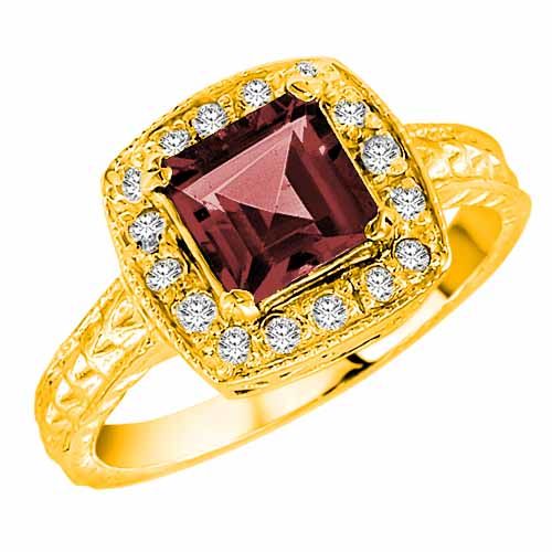 18K Yellow Gold Square Created Ruby and Diamond Ring with Decorated Shank