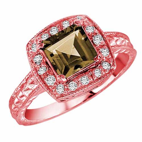 18K Rose Gold Square Smoky Quartz and Diamond Ring with Decorated Shank