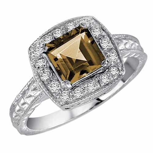 14K White Gold Square Smoky Quartz and Diamond Ring with Decorated Shank