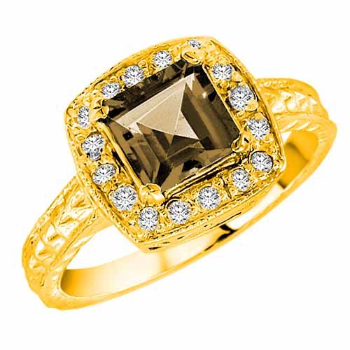 14K Yellow Gold Square Smoky Quartz and Diamond Ring with Decorated Shank