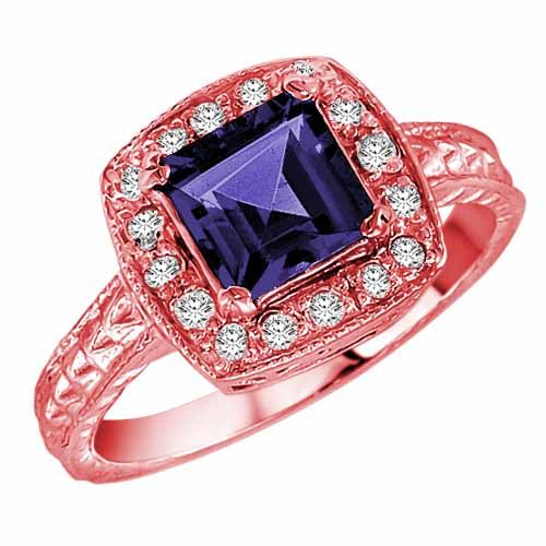 18K Rose Gold Square Created Blue Sapphire and Diamond Ring with Decorated Shank