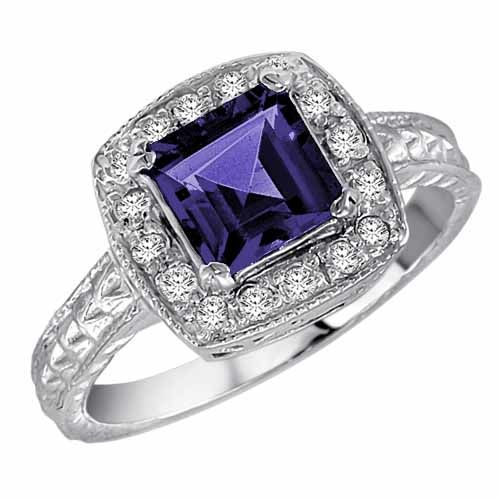 Platinum Square Created Blue Sapphire and Diamond Ring with Decorated Shank