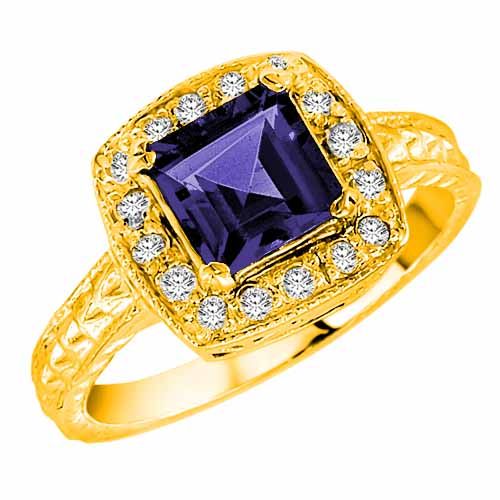 10K Yellow Gold Square Created Blue Sapphire and Diamond Ring with Decorated Shank